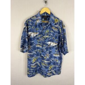 Silk Traders Hawaii Mens Blue Silk Tropical Island Palm Tree Aloha‎ Shirt Large
